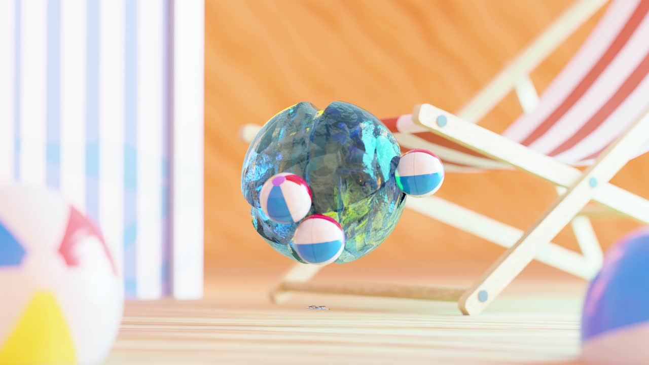 3D rendering of small beach balls rolling on water sphere in loop