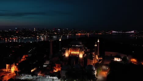 aerial night view of hagia sophia in istanbul. 4k footage in turkey