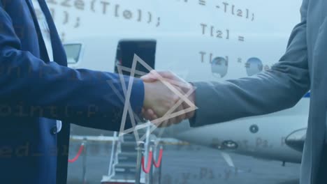 공항 활주로에서 손을 흔드는 두 사업가의 중간 섹션에 추상적인 모양과 데이터 처리