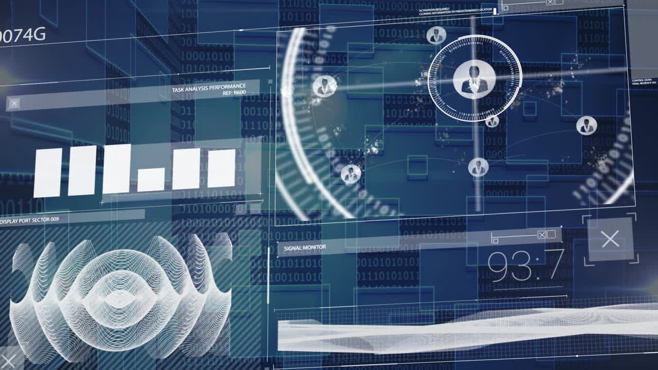 Digital data analysis and performance metrics animation over binary code background