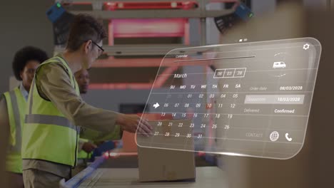 animation of digital interface with calendar and data processing over asian male worker