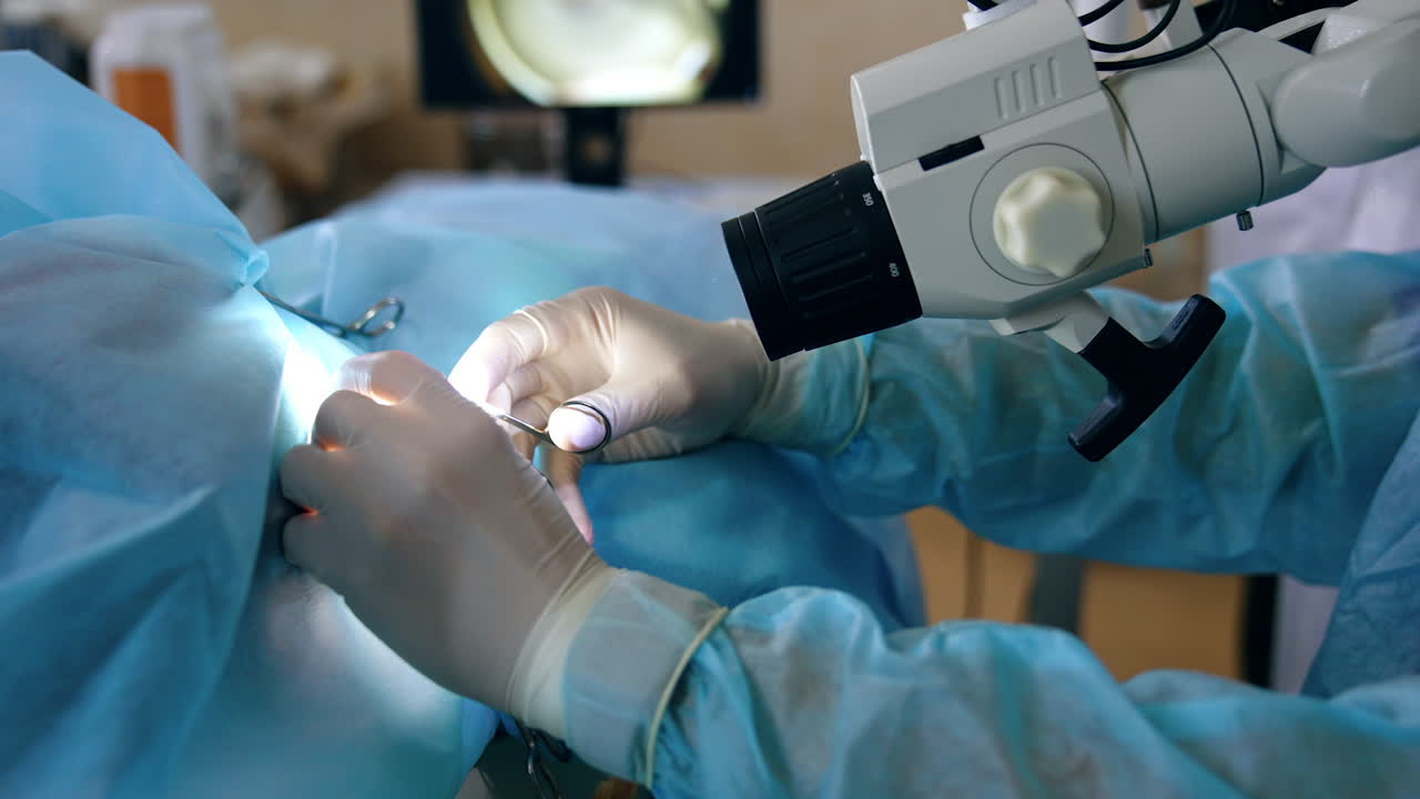 Gloved hands of doctor carefully use metal forceps. Male medic looks at microscope working. Close up.
