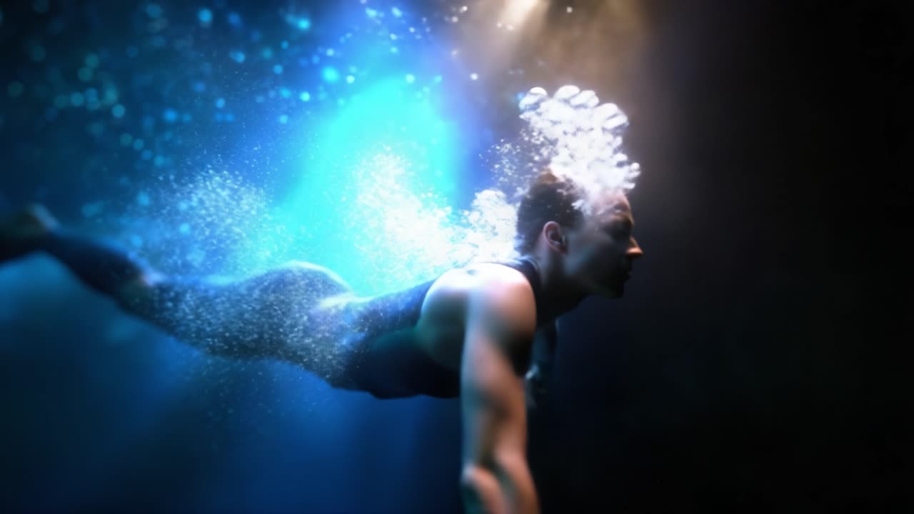 Una impresionante escena submarina que muestra a un nadador deslizándose con gracia a través de un espacio surrealista lleno de burbujas brillantes y vibrantes efectos de luz azul