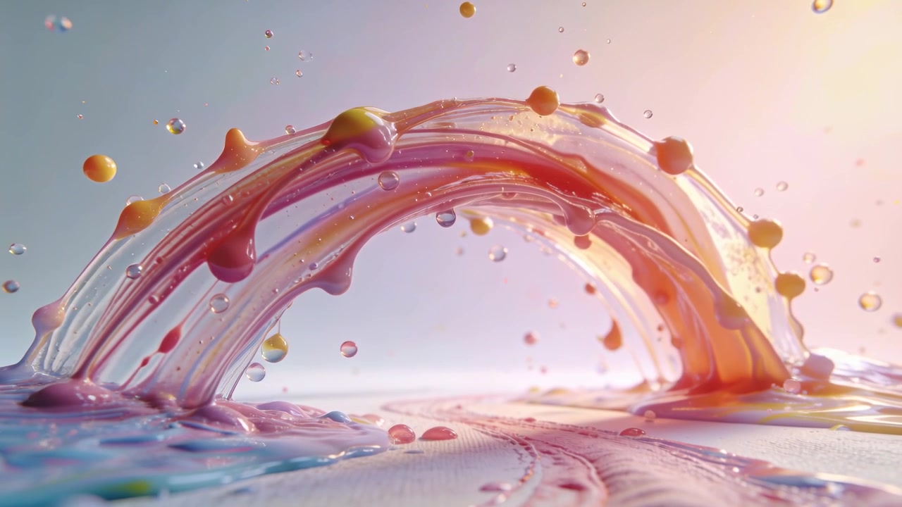 Arco di liquido colorato che si innalza su un piano del tavolo riflettente, rilasciando goccioline e mescolando le sfumature.
