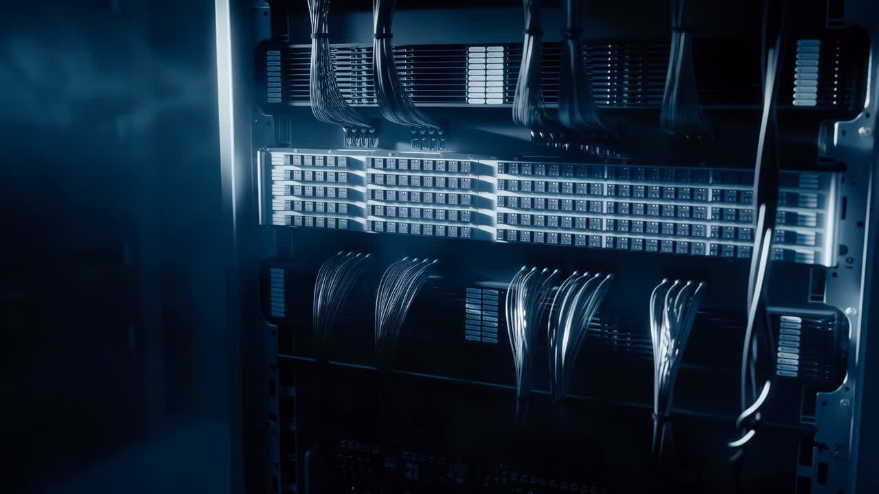 Server rack with network cables in a dark data center