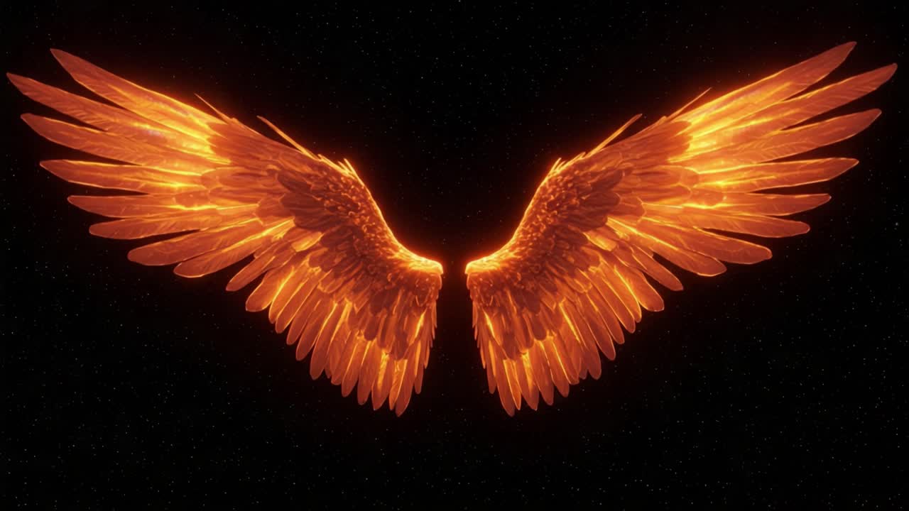 Majestic Golden Wings: Transcendent Visuals of Ethereal Flight and Celestial Radiance Illuminating the Night Sky with Fiery Hues and a Sense of Freedom