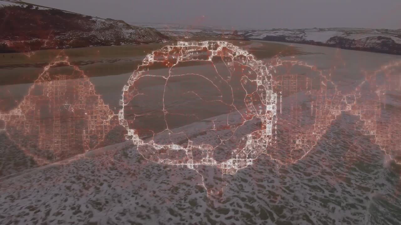 해양 풍경 위의 인간 뇌의 애니메이션