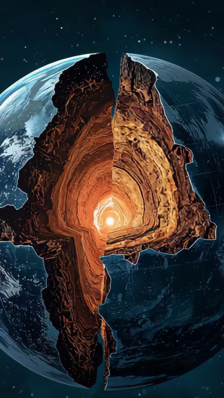Vertical video: Spinning Earth globe revealing fissure splitting open in space, glowing molten core