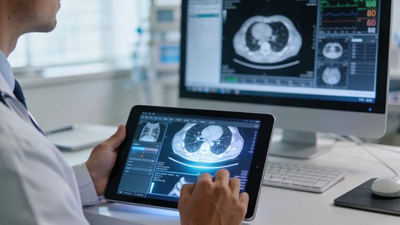 Medico in camice che visualizza una fetta di TC e manipola una TC toracica su tablet alla scrivania, confrontando i parametri vitali sul monitor.