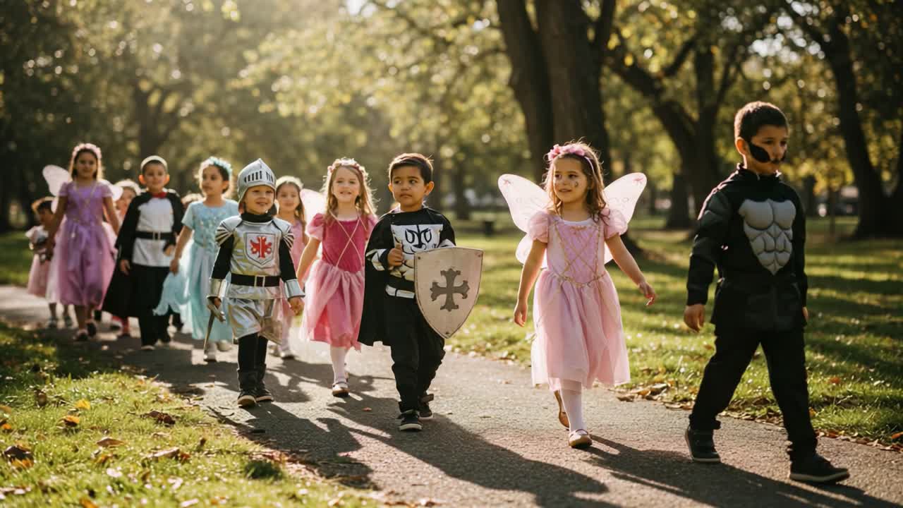 Parade Penuh Kegembiraan Anak-Anak Berpakaian Kostum Warna-Warni, Menampilkan Ksatria, Peri, dan Putri Berjalan Bersama di Hari yang Cerah di Taman