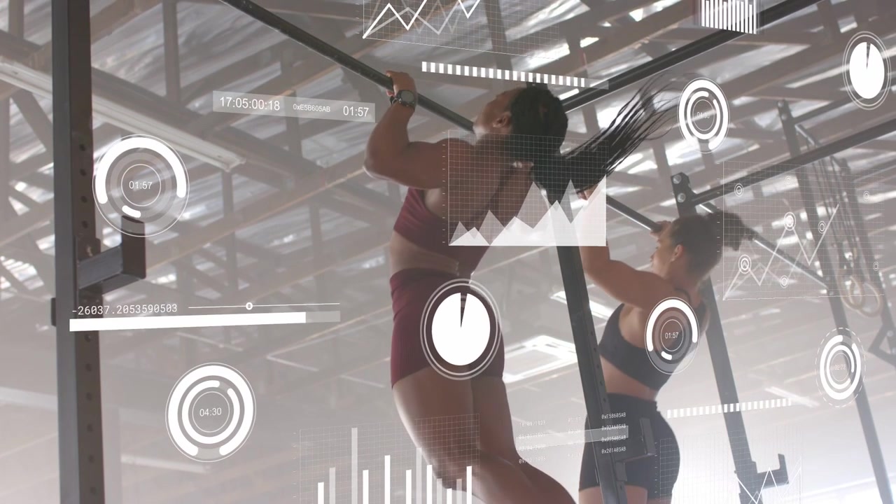 Two female athletes starting set on fitness timer, pulling on bar while HUD charts guiding training