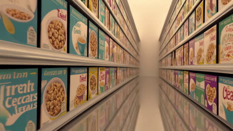 long aisles of cereal boxes in a grocery store