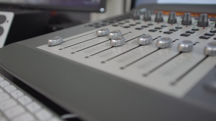 Carrellata attraverso un mixer audio mentre i fader si muovono da soli