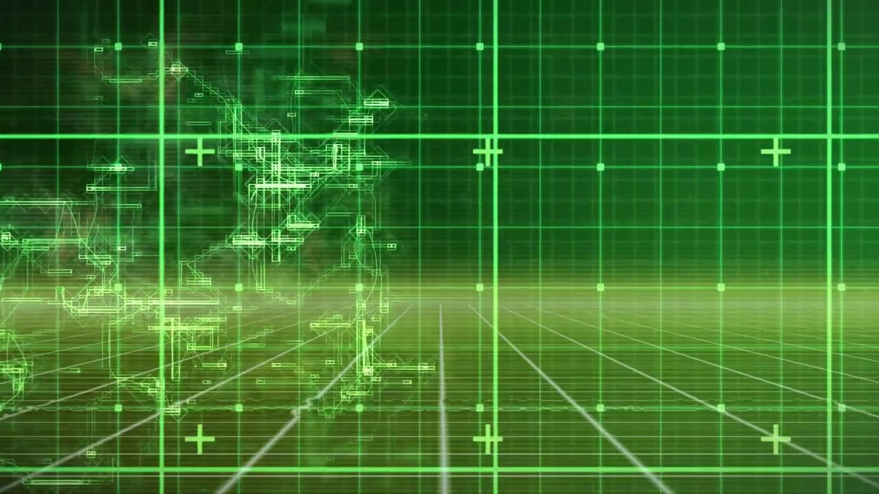 At grid start abstract green wireframe shapes expanding sideways and forming evolving network