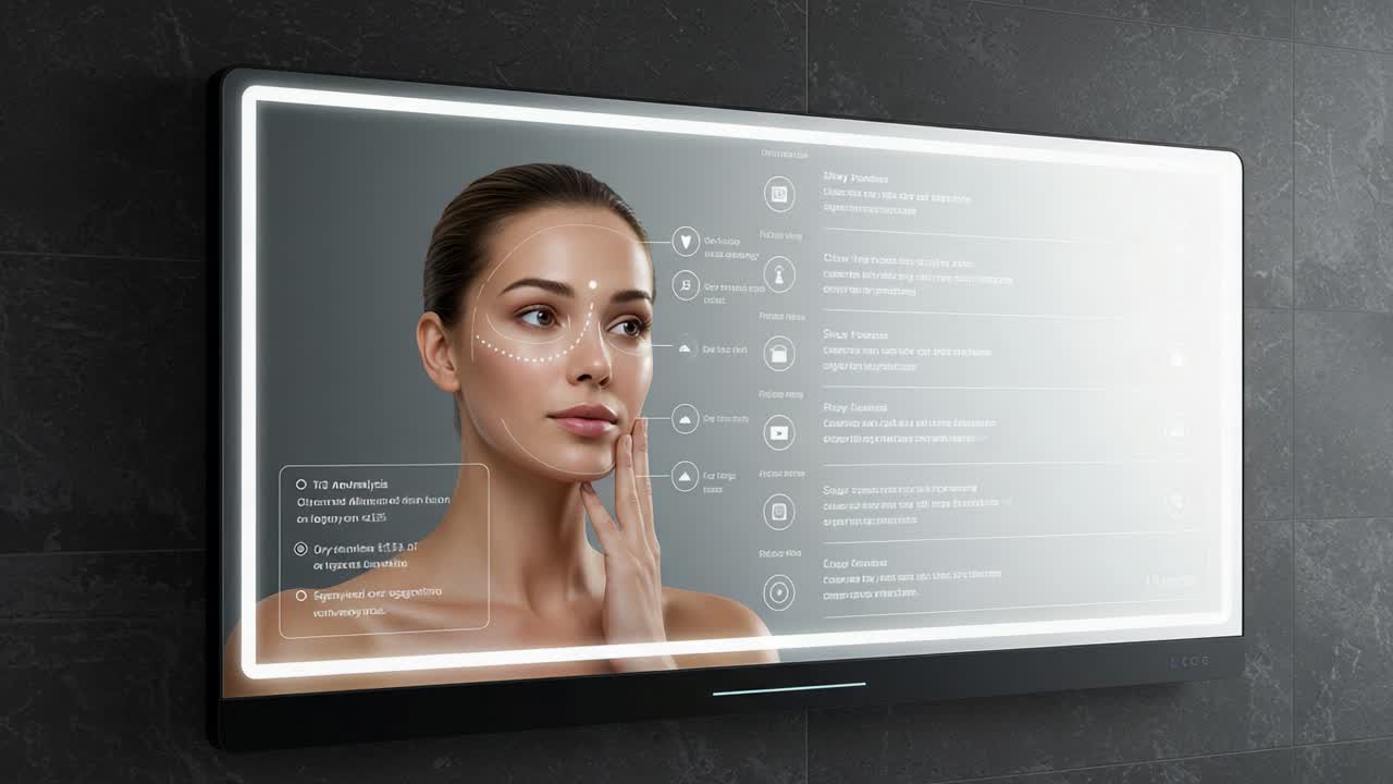 Innovative Smart Mirror Technology Showcasing Skincare Analysis and Personalization Features for Enhanced Beauty Routine and Skin Health Monitoring