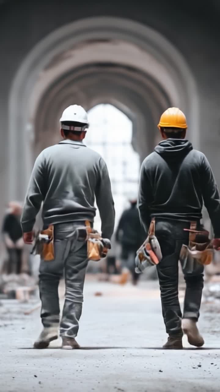 Two Construction Workers Walking Through a Renovated Site in Progress, Donning Safety Helmets and Tools, Representing Teamwork and Labor in Modern Construction