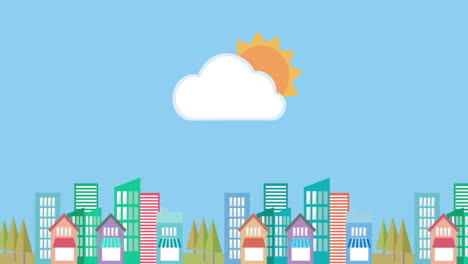 cloud and sun icon moving against cityscape