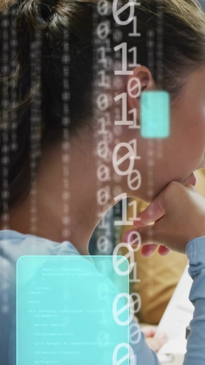 Vertical video: Woman reading pages for tech while binary and teal UI moving over face, showing cup