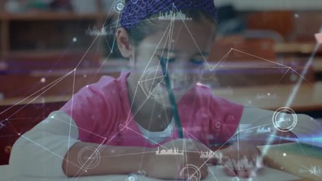 Animation-of-networks-of-connections-over-schoolgirl-in-classroom