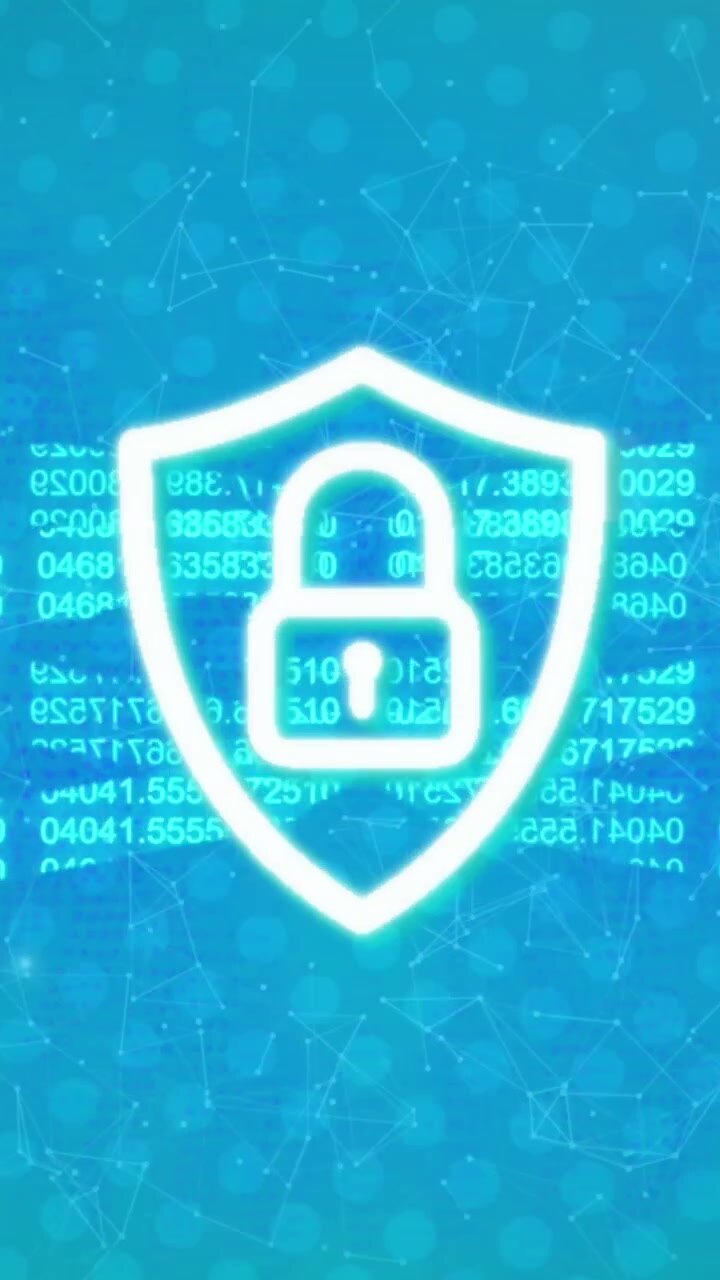 Animation of padlock in shield, numbers forming blockchain and connected dots over blue background