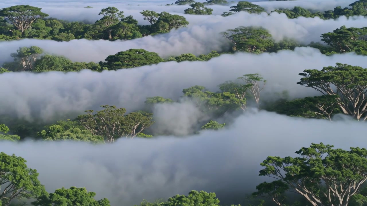 Drifting low-lying fog moving through dense tree crowns from aerial view, driven by light breeze