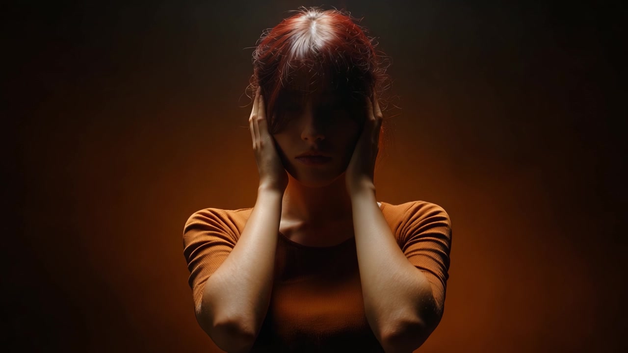A contemplative figure with hands on her face, immersed in a dramatic warm glow, capturing the essence of introspection and emotional depth in a captivating scene.
