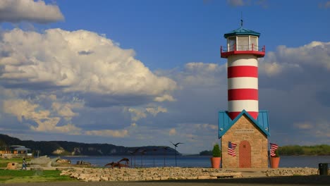 port of grafton lighthouse with scenic background views overlooking the mississippi river in illinois, usa