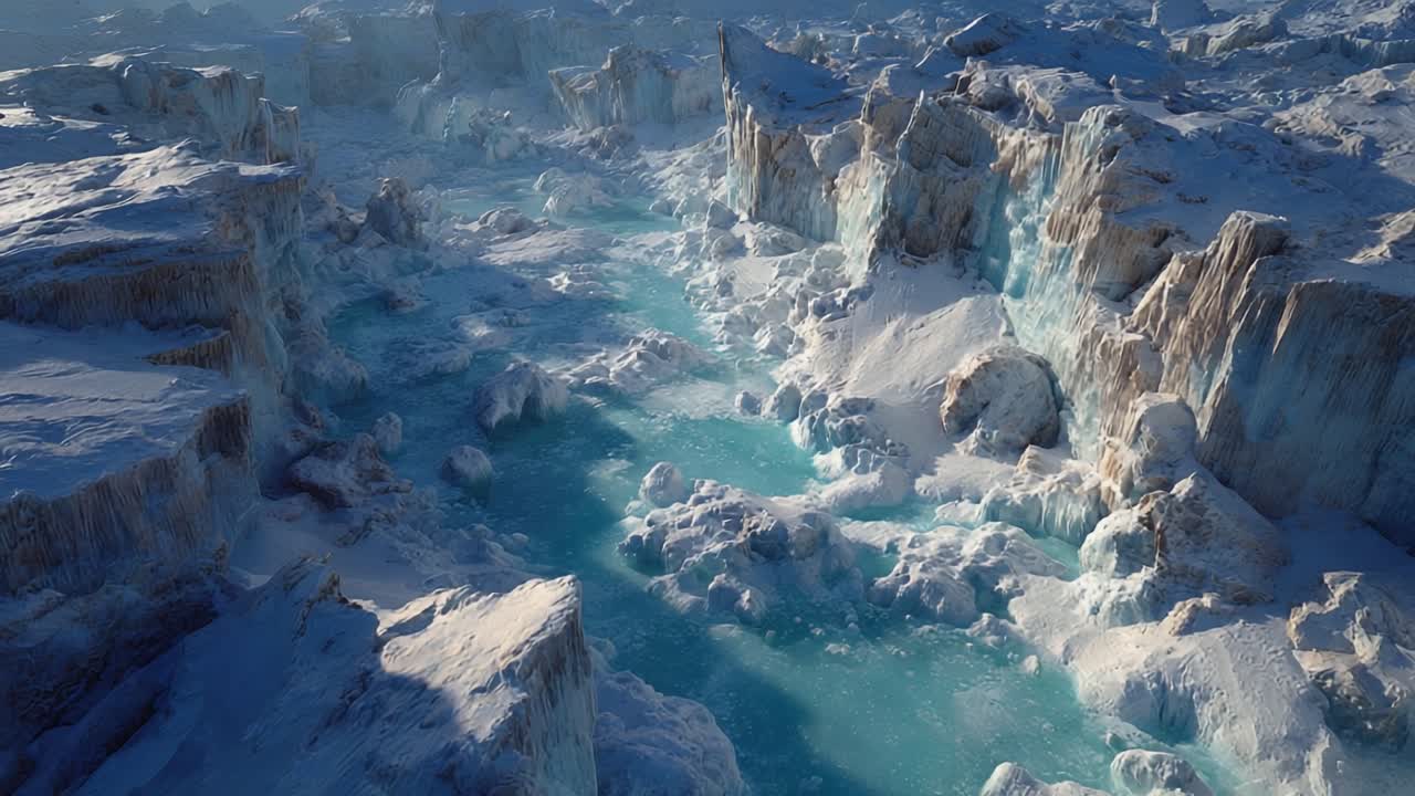 Aerial View of Serene Ice Landscape with Glacial Crevasses and Turquoise Waters, Showcasing Nature's Majestic Beauty and the Intricacies of Frozen Terrain