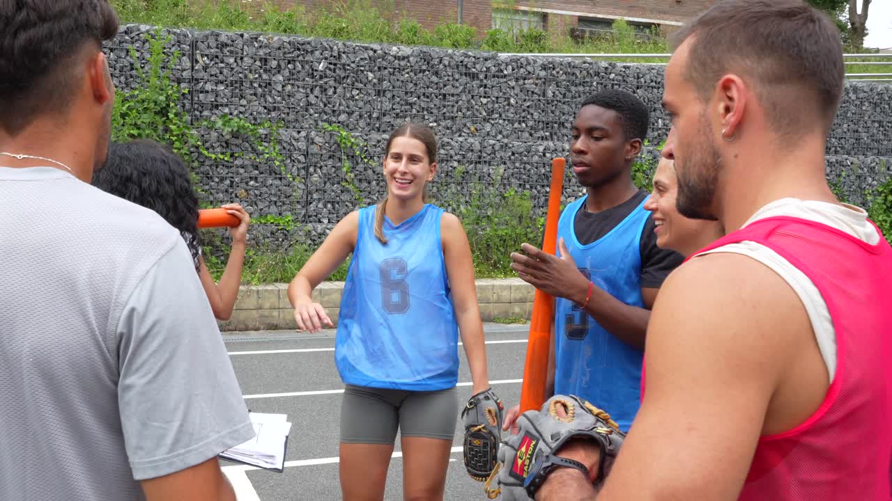 Group of athletes and coach discussing workout outdoors