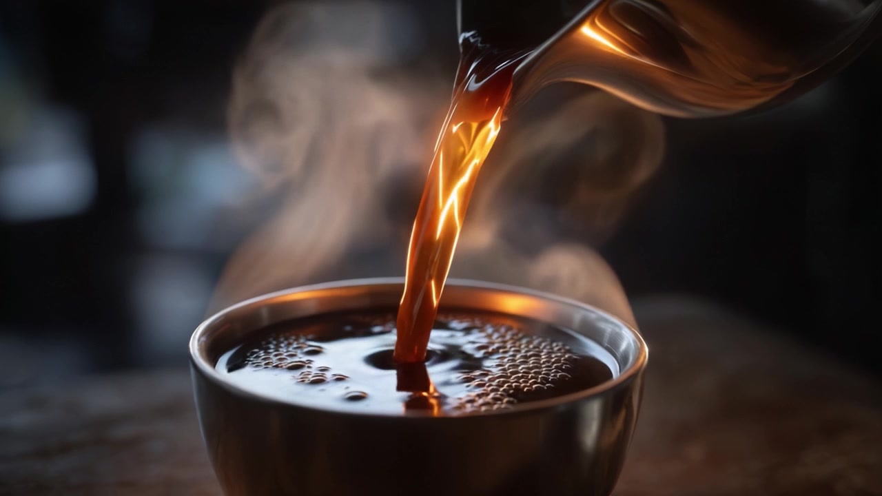 Dampende kaffe hældes fra en sølvkande ned i en skål, der indfanger aromaen og varmen fra en perfekt brygget drik i en hyggelig atmosfære