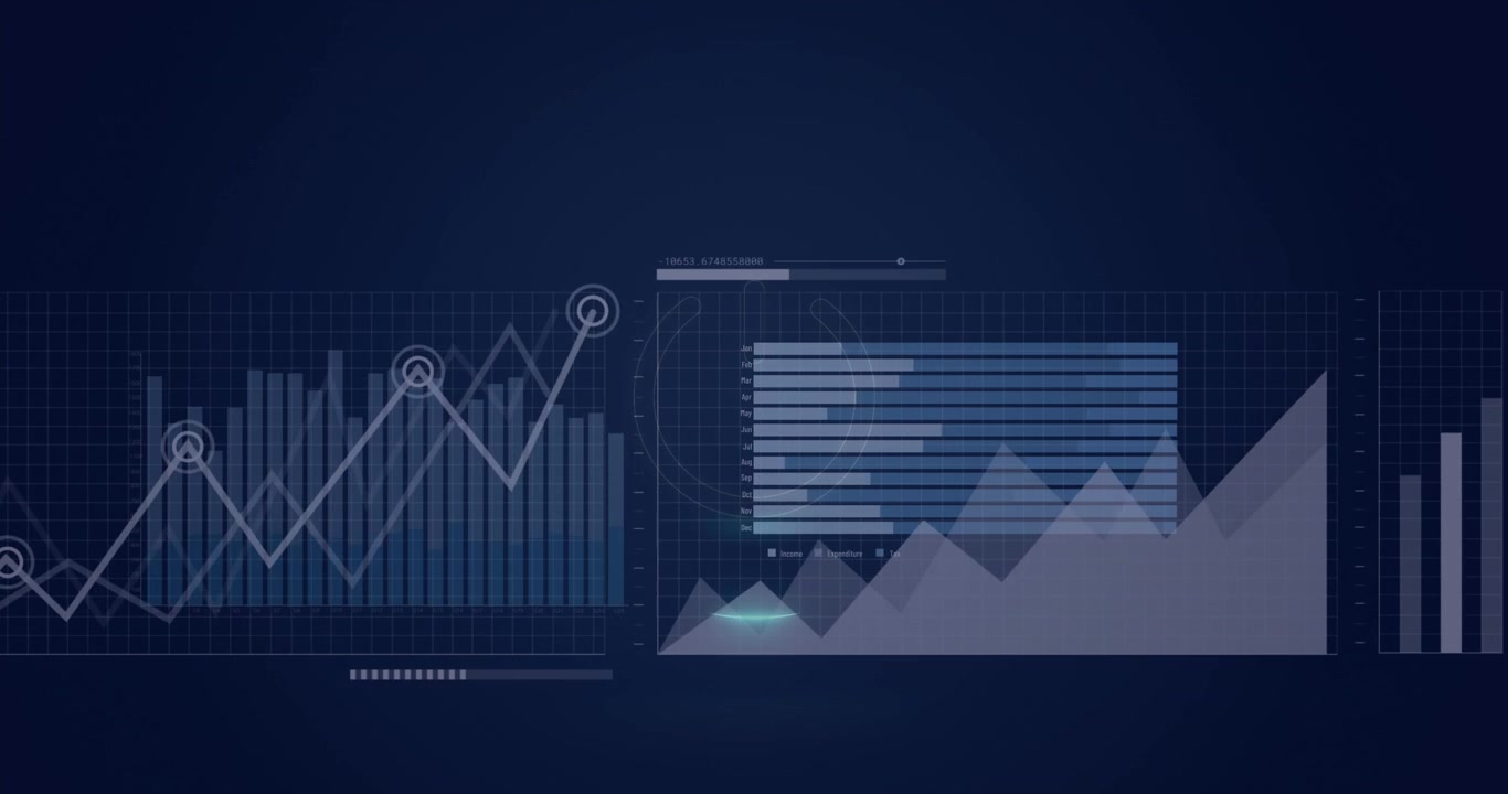 Animation of neon round shape over statistical data processing against blue background