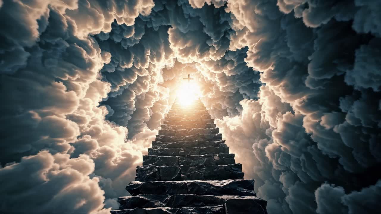 Dramatic video concept with a low-angle view of a stone staircase ascending into a bright sky