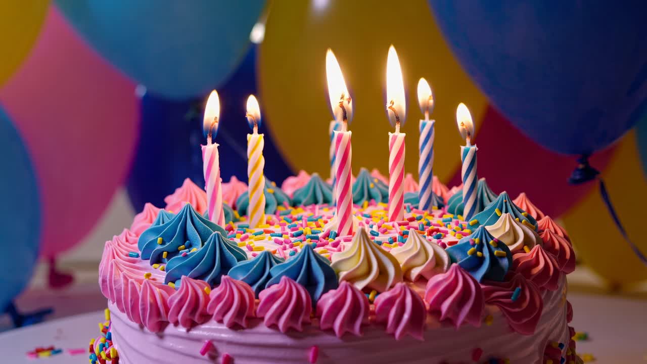 Close-up video of a colorful birthday cake with lit candles, surrounded by balloons