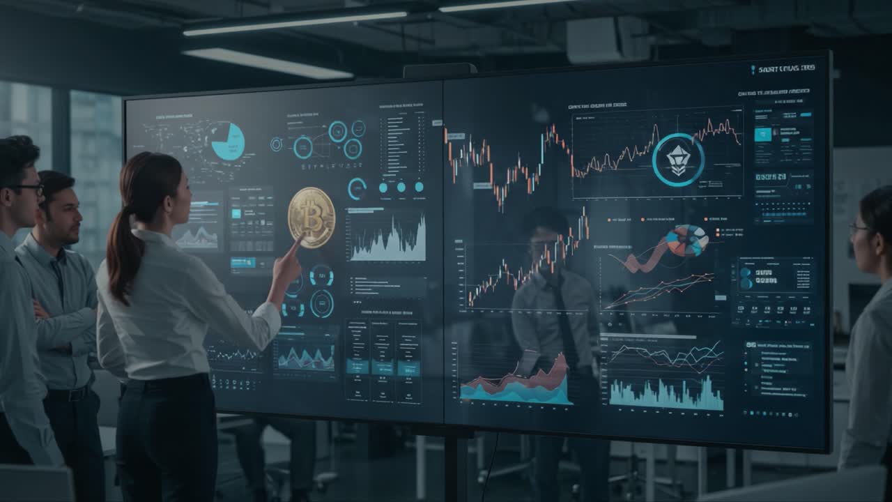 Analyserer kryptovalutatrender: En gruppe fagfolk samarbeider ved en høyteknologisk dataskjerm, utforsker markedsanalyser og innsikt for investeringsbeslutninger.