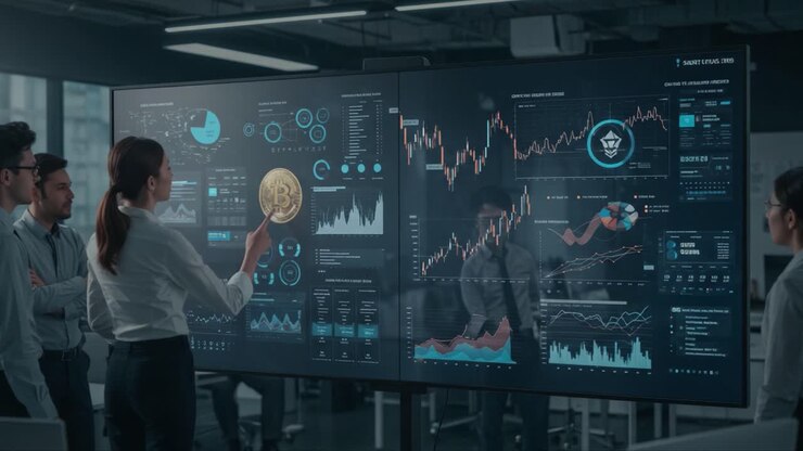 Analyserer kryptovalutatrender: En gruppe fagfolk samarbeider ved en høyteknologisk dataskjerm, utforsker markedsanalyser og innsikt for investeringsbeslutninger.