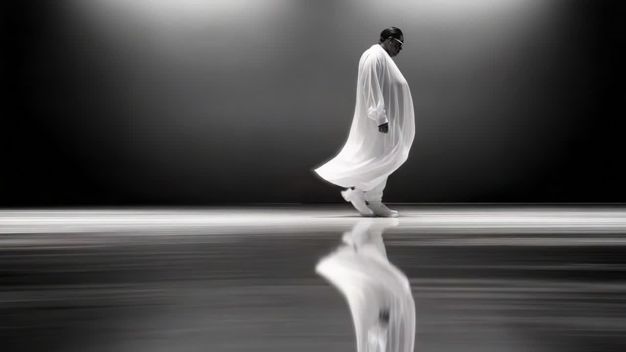 A solitary figure in flowing white garments walks gracefully across a reflective surface, creating an ethereal atmosphere that highlights movement and elegance in a minimalist setting