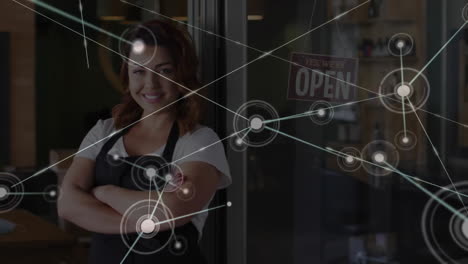 animation of network of connections over biracial female barista working in cafe