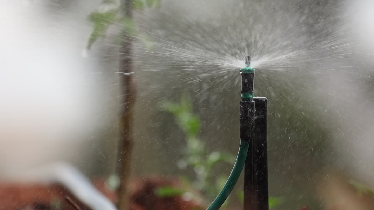 Vista da terra di un irrigatore che spruzza acqua su sfondo bokeh