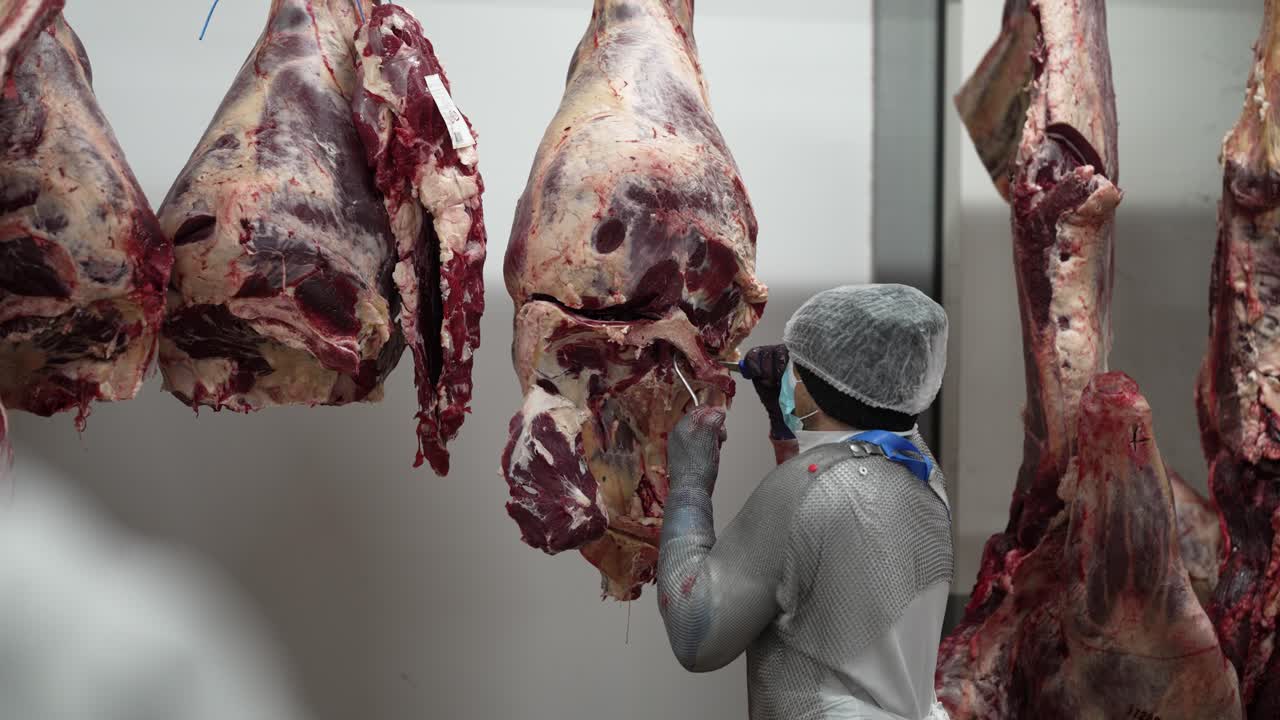 Butcher working on meat carcasses in a processing plant