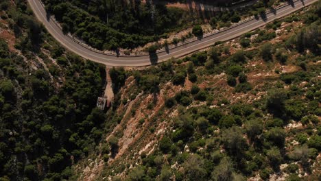 aerial view of winding road through mountainous landscape