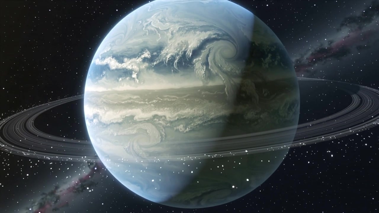 Opening frame showing ringed gas giant rotating in space, revealing terminator shift, cloud bands