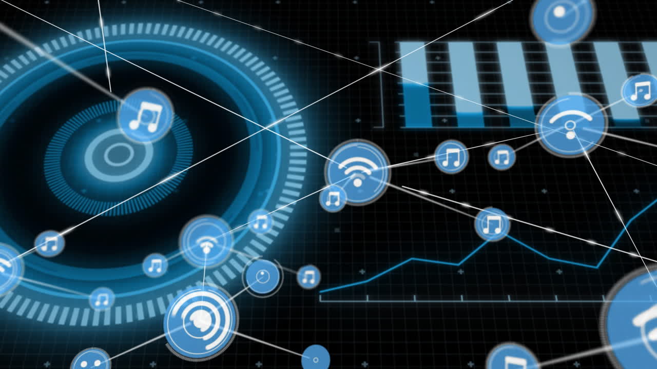 Displaying futuristic animation, digital interface with music icons and data graphs