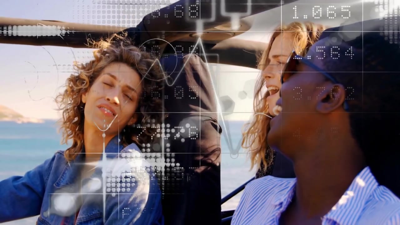 Driver glancing toward passenger and sharing view while waveforms pulsing over travel road trip