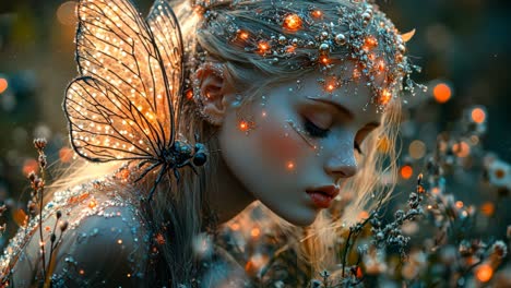 enchanting fairy-like figure surrounded by sparkling flora at dusk