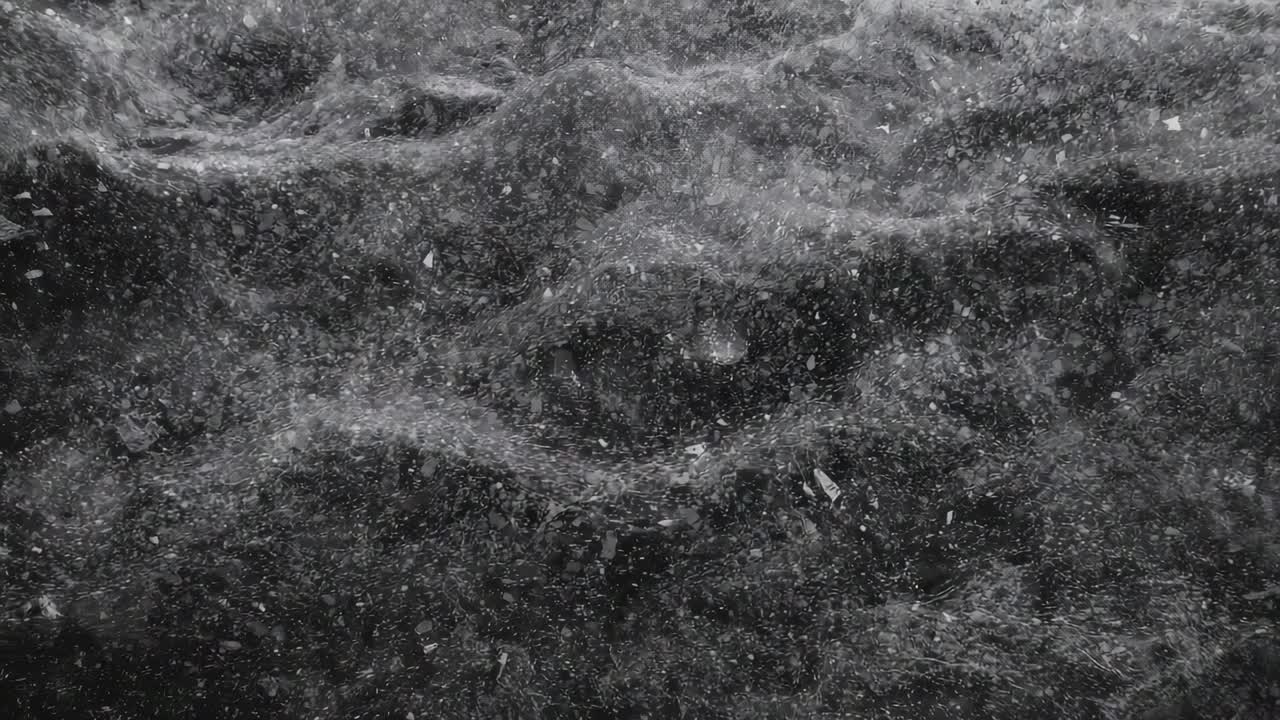 Showing water surface at nearshore, rain droplets striking, forming foam, drifting debris