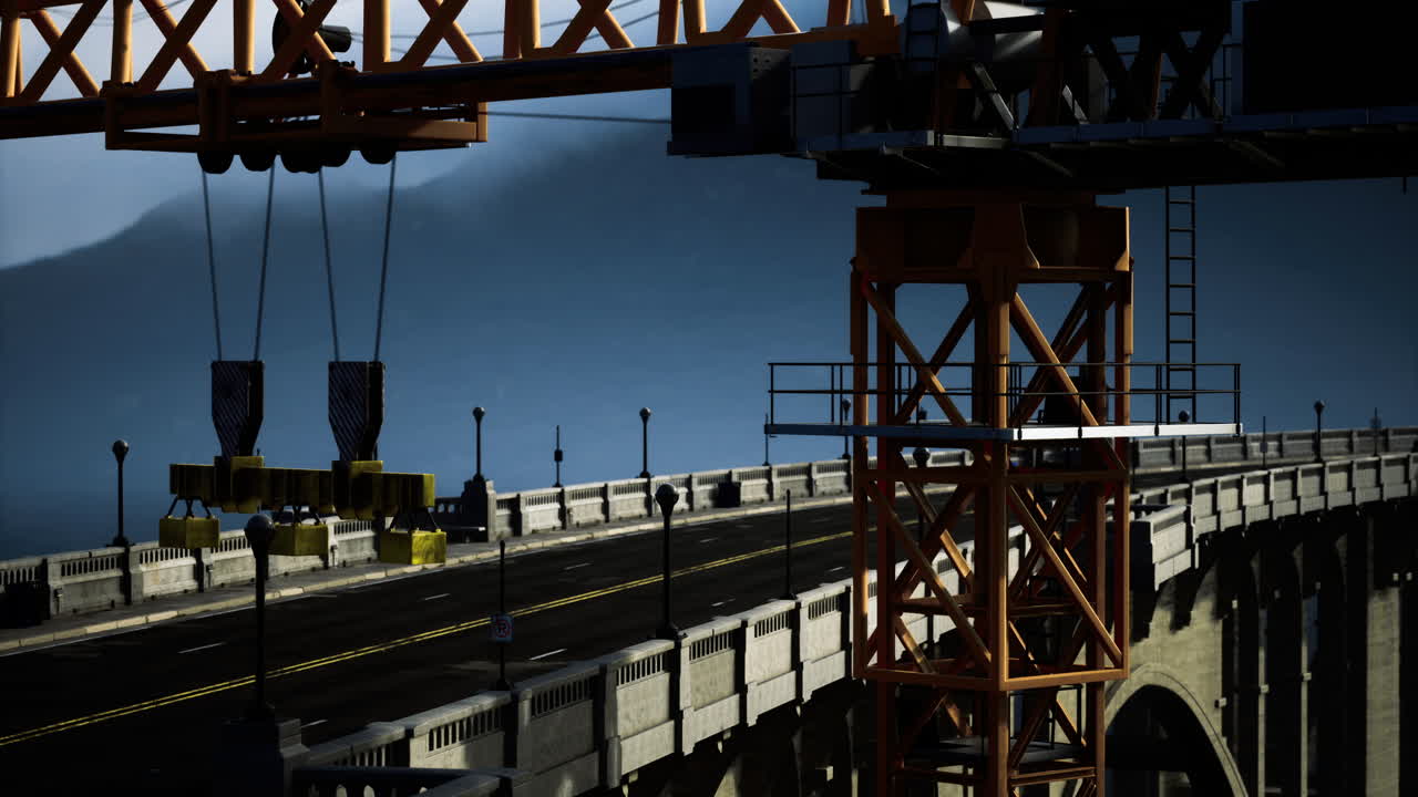 Unique architectural view of a bridge construction at dusk in a vibrant sky