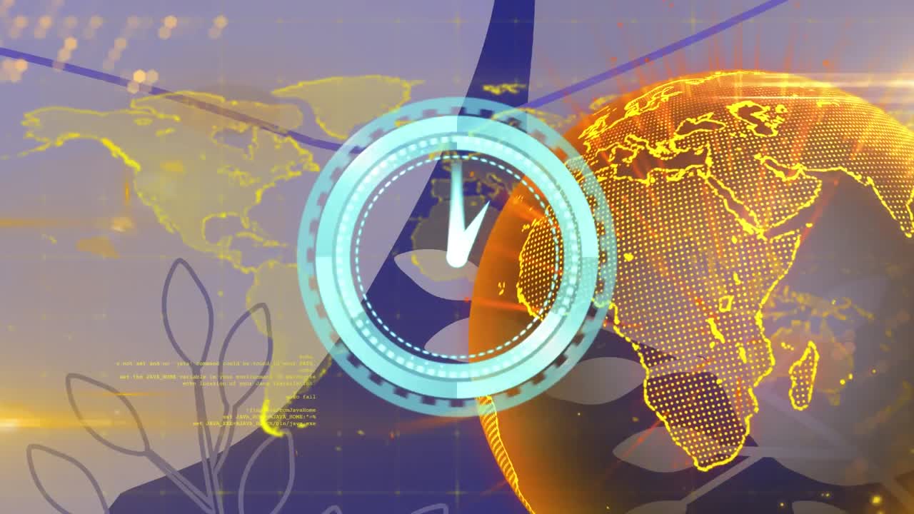 animación del escáner con reloj sobre una red de comunicación global brillante y formas orgánicas