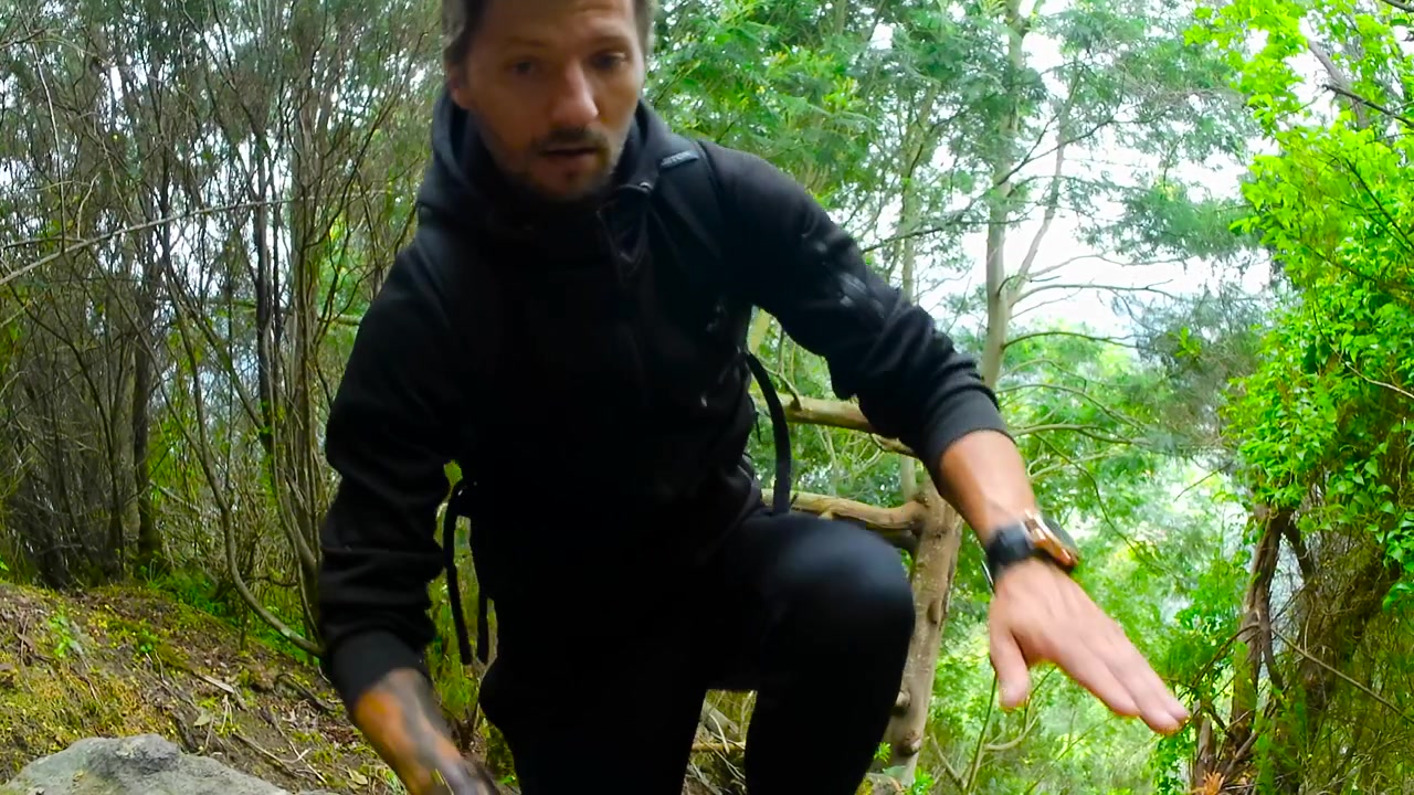 En mand i sort tøj vandrer på en bjergvej på Madeira, Portugal, i Penha d'Aduia om sommeren, og personen går og klatrer forbi kameraet. Tyk og tæt skovgrøn vegetation kan ses