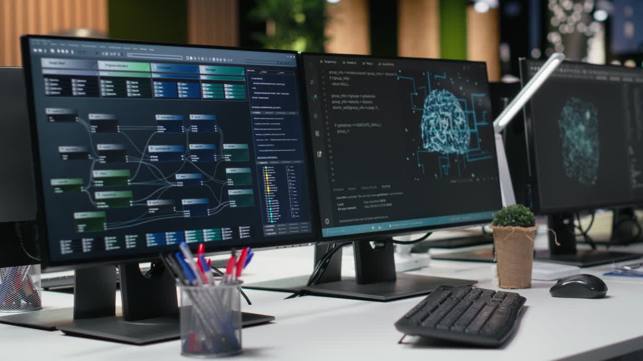 Empty Office Desk with Multiple Monitors Showing Code and AI Graphics