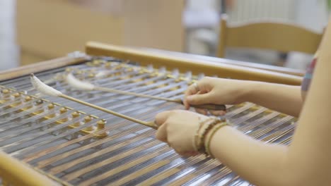 el joven músico toca el dulcimer, un viejo instrumento musical de madera.